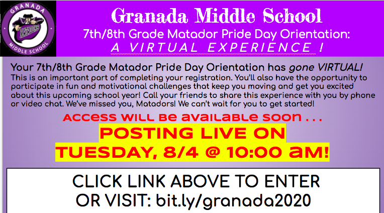 7th/8th Grade Virtual Matador Pride Day Orientation Coming Soon!
